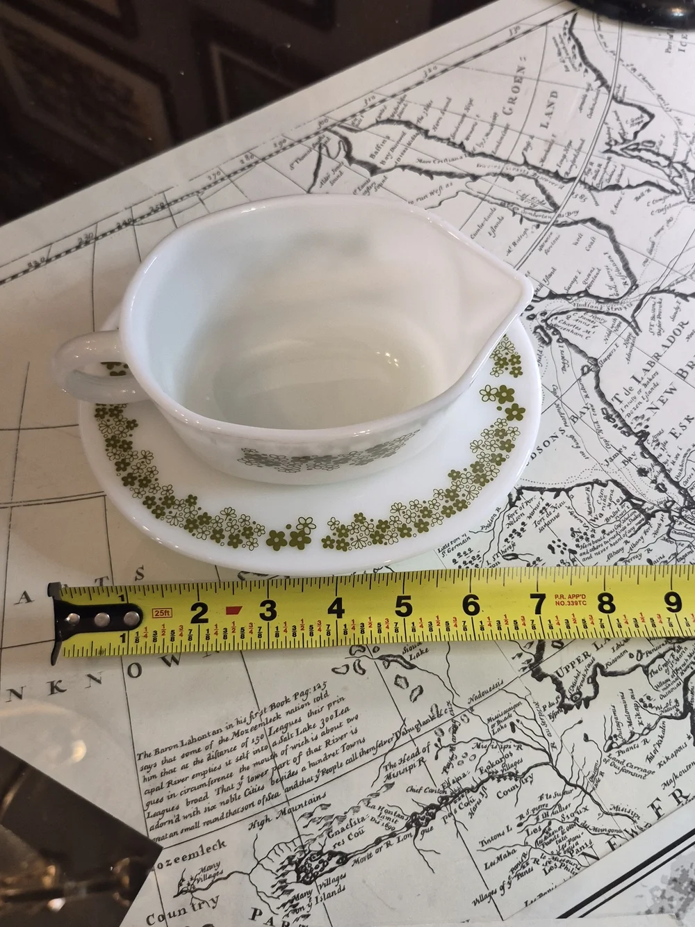 Pyrex White Milk Glass Gravy Boat with Olive Green Floral Pattern